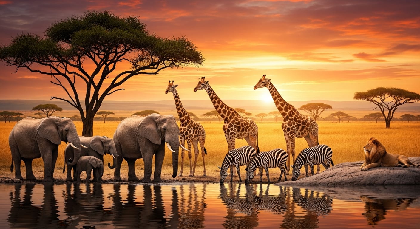 African savanna at sunset with elephants, giraffes, and zebras